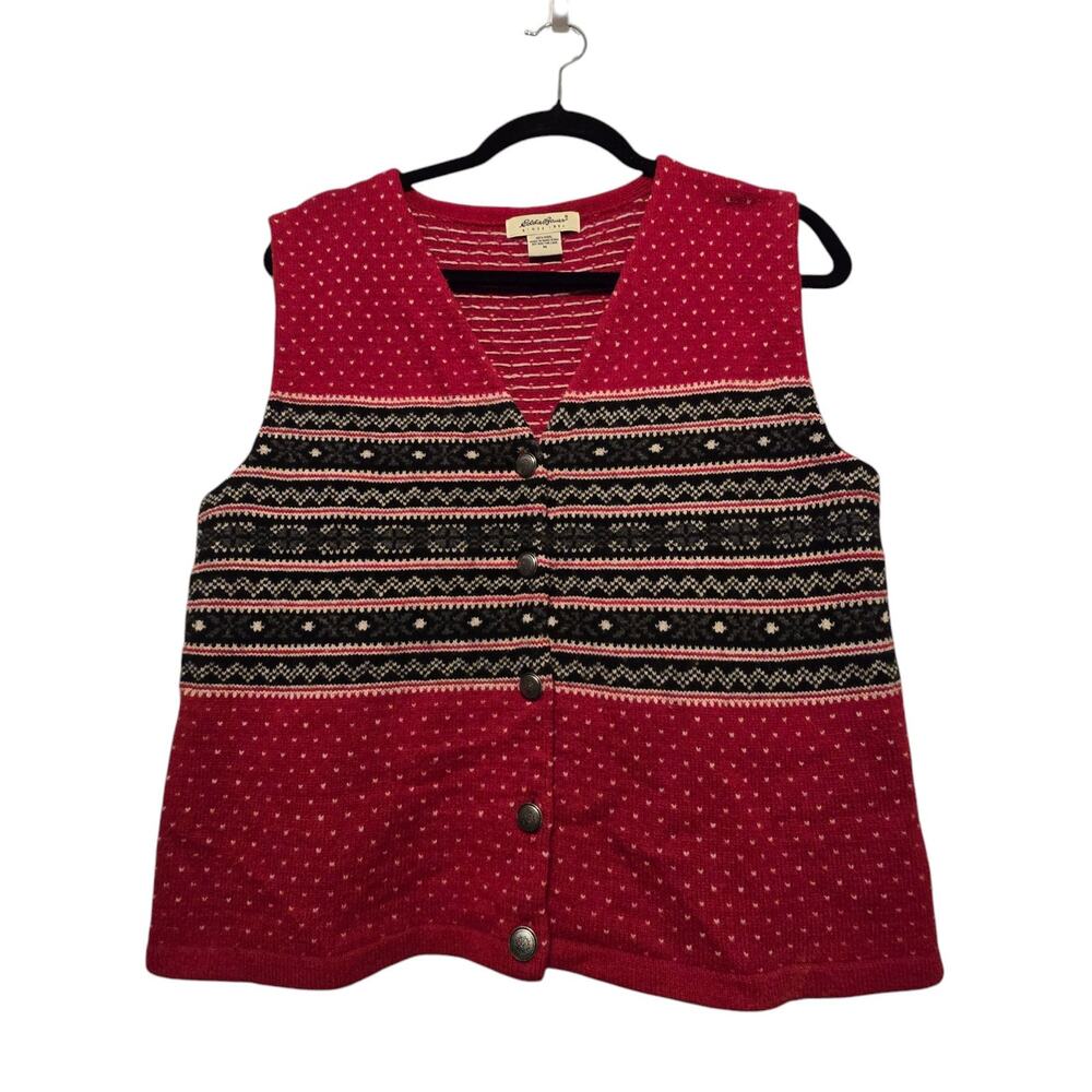 Vtg Eddie Bauer Women Nordic Vest MED Wool Red Academia Preppy Fair Isle Grandma